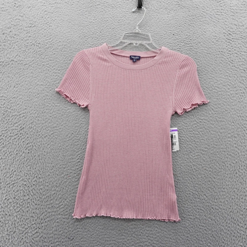 Splendid Womens‎ Ribbed Knit Lettuce Edge Top Pink Crew Neck XS NEW